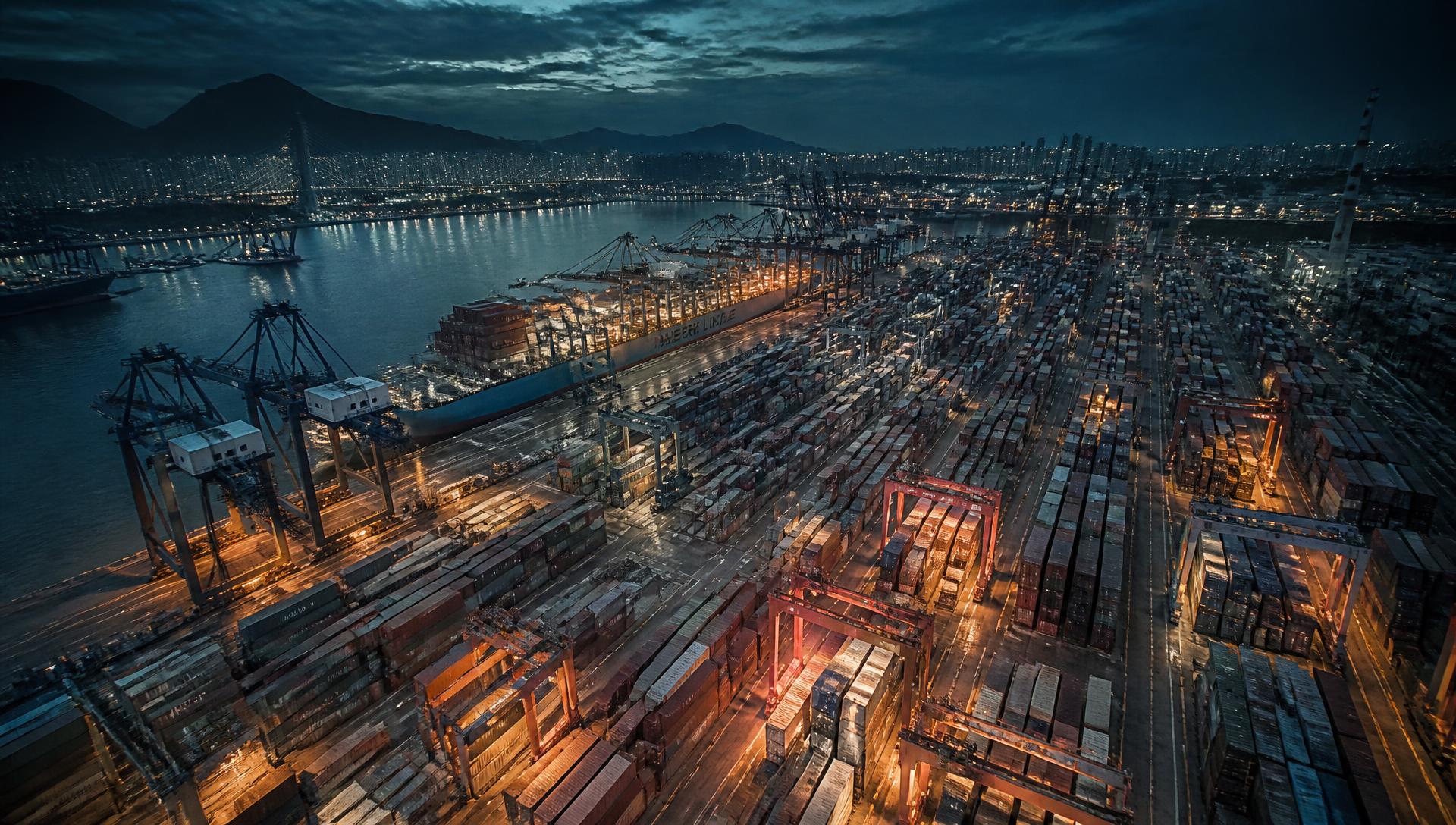 Aerial view of a container terminal at dusk